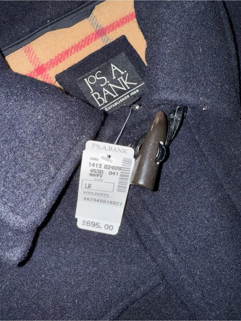 Jos. A. Bank Navy Wool Hooded Toggle Pea Coat Mens Large Zip New